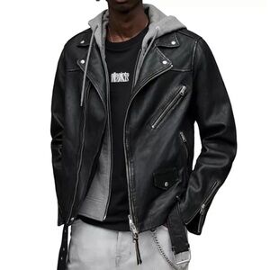 AllSaints Charter Biker Mixed Media Zip Out Hoodie Lamb Leather Moto Jacket M‎